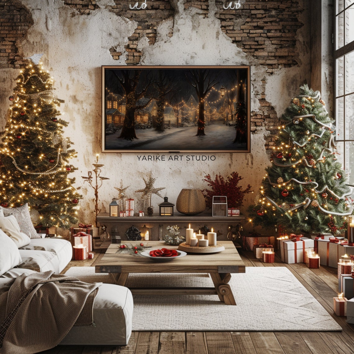 Cozy Snowy Village Night Street With Glowing String Lights Poster - Image 2