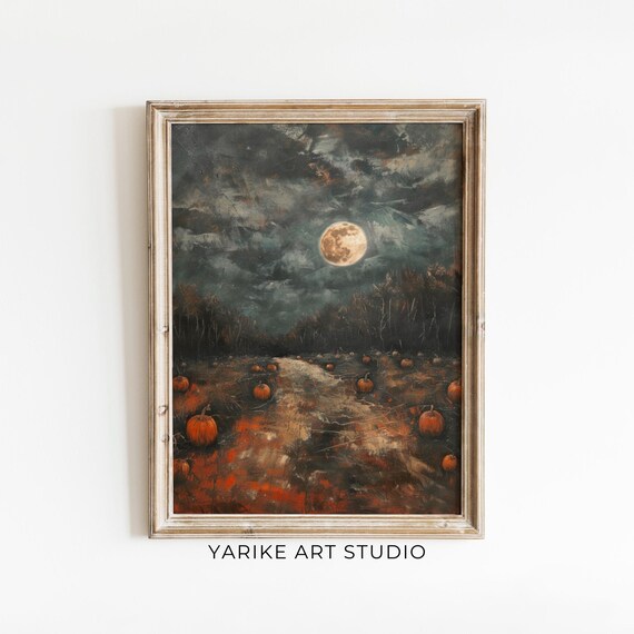 Pumpkin Patch Under Full Moon Dark Moody Halloween Night Poster