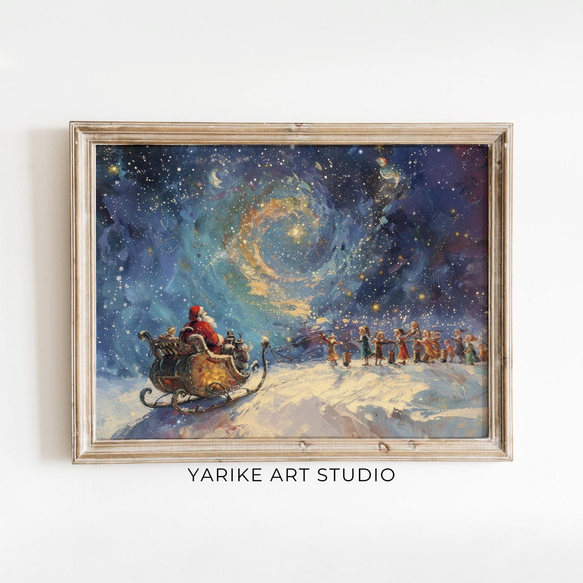 Santa Claus Sleigh Under Starry Swirling Sky Christmas Night Poster