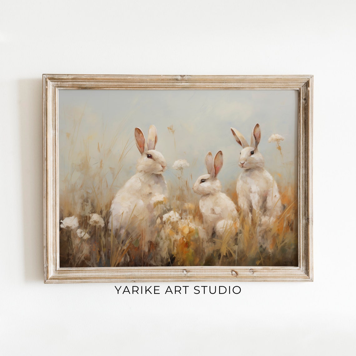 Three White Rabbits in Golden Meadow Vintage Rabbit Art Poster - Image 6