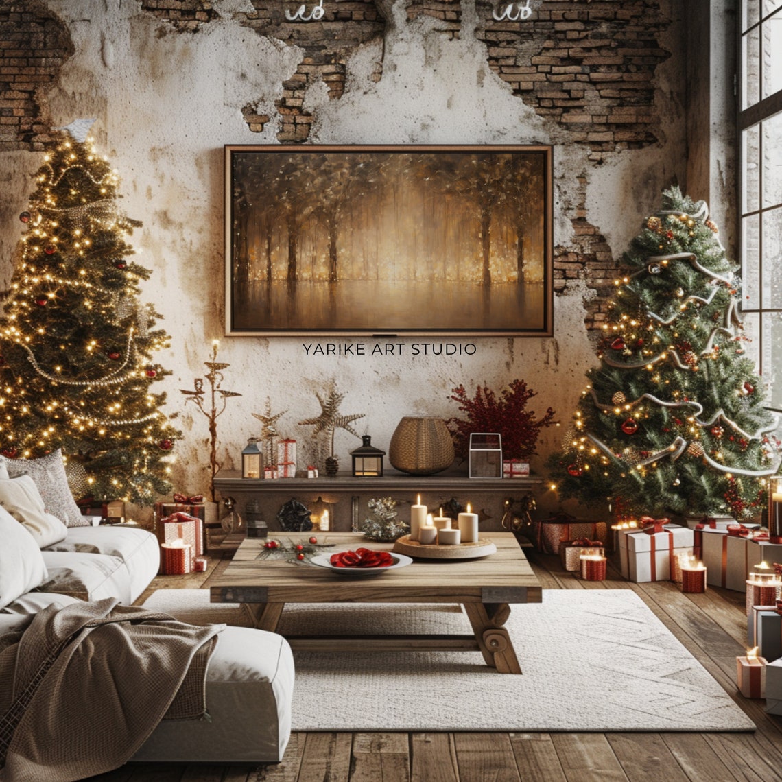 Golden Christmas Trees Night Glowing Forest Winter Holiday Poster - Image 2