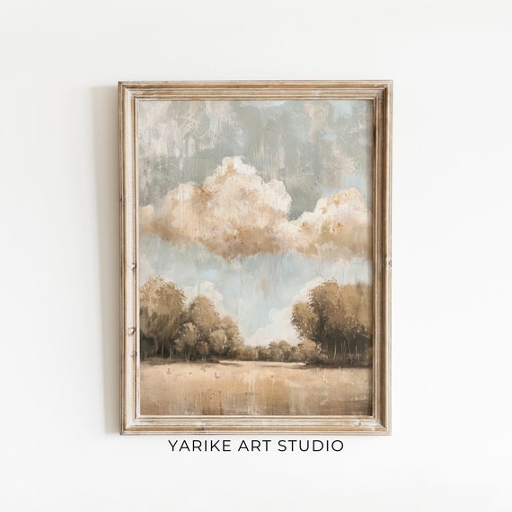 Neutral Country Landscape Print Vintage Art Clouds Oil Painting Pastoral Landscape Print Antique Scenery Home Decor 659