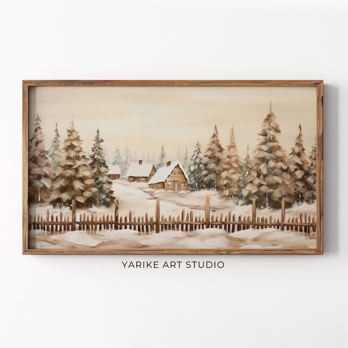 Rustic Winter Village Snowy Cabins Picket Fence Christmas Poster