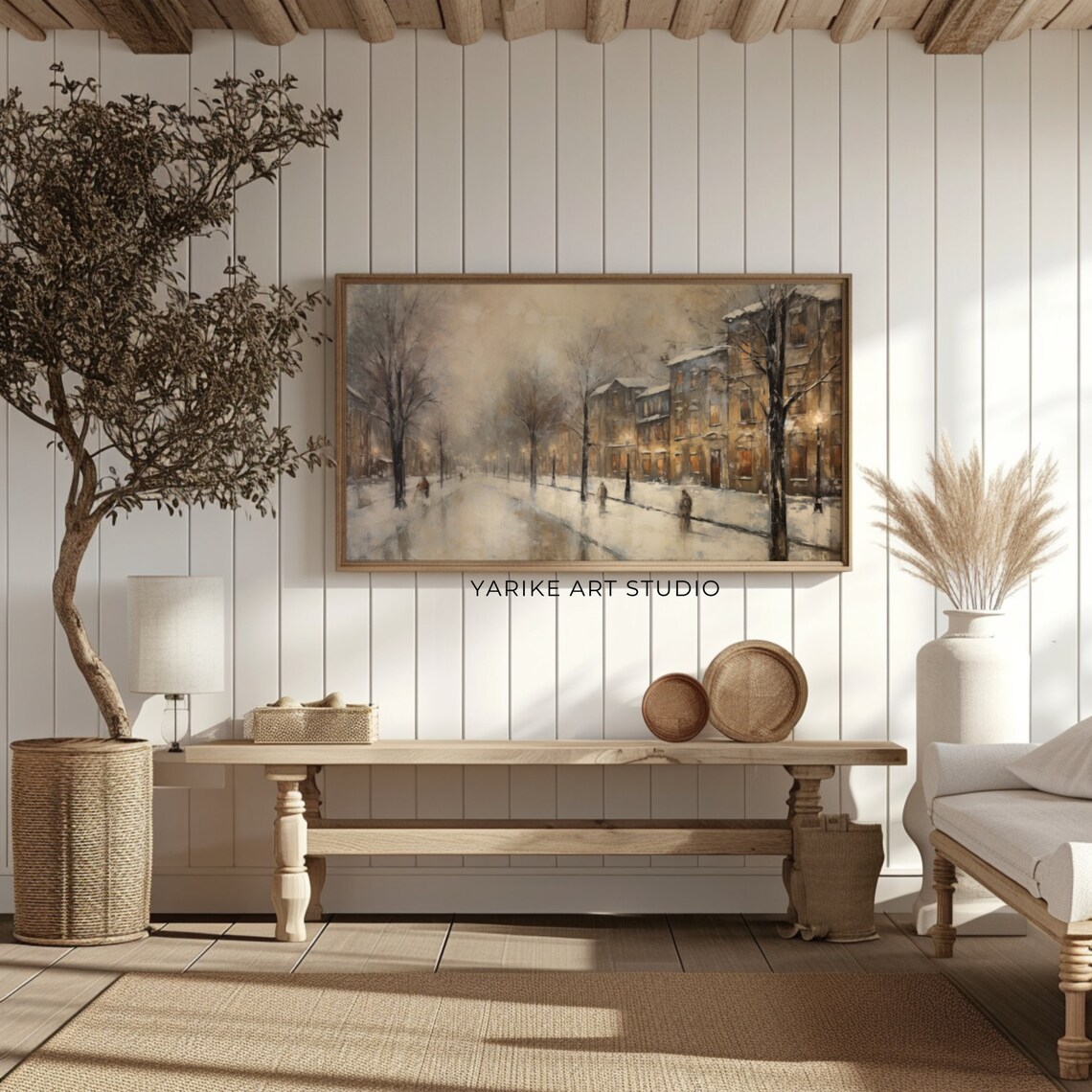 Snowy European Street Winter Vintage Town Evening Landscape Poster - Image 2