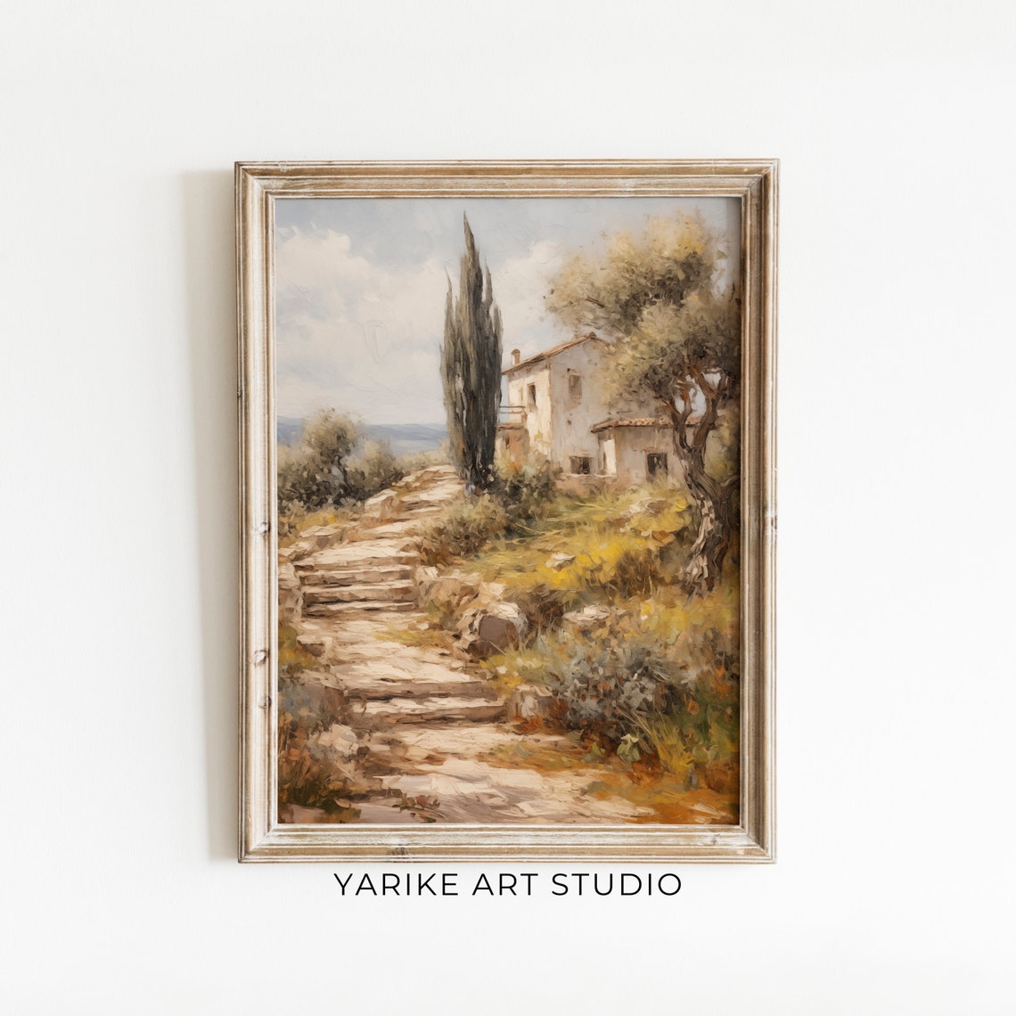 Mediterranean Villa With Cypress Tree Stone Steps Painting Poster