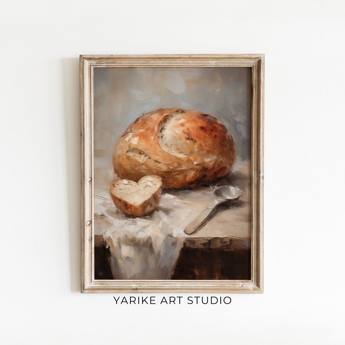 Round Bread Loaf With Heart Slice Cozy Rustic Kitchen Oil Print