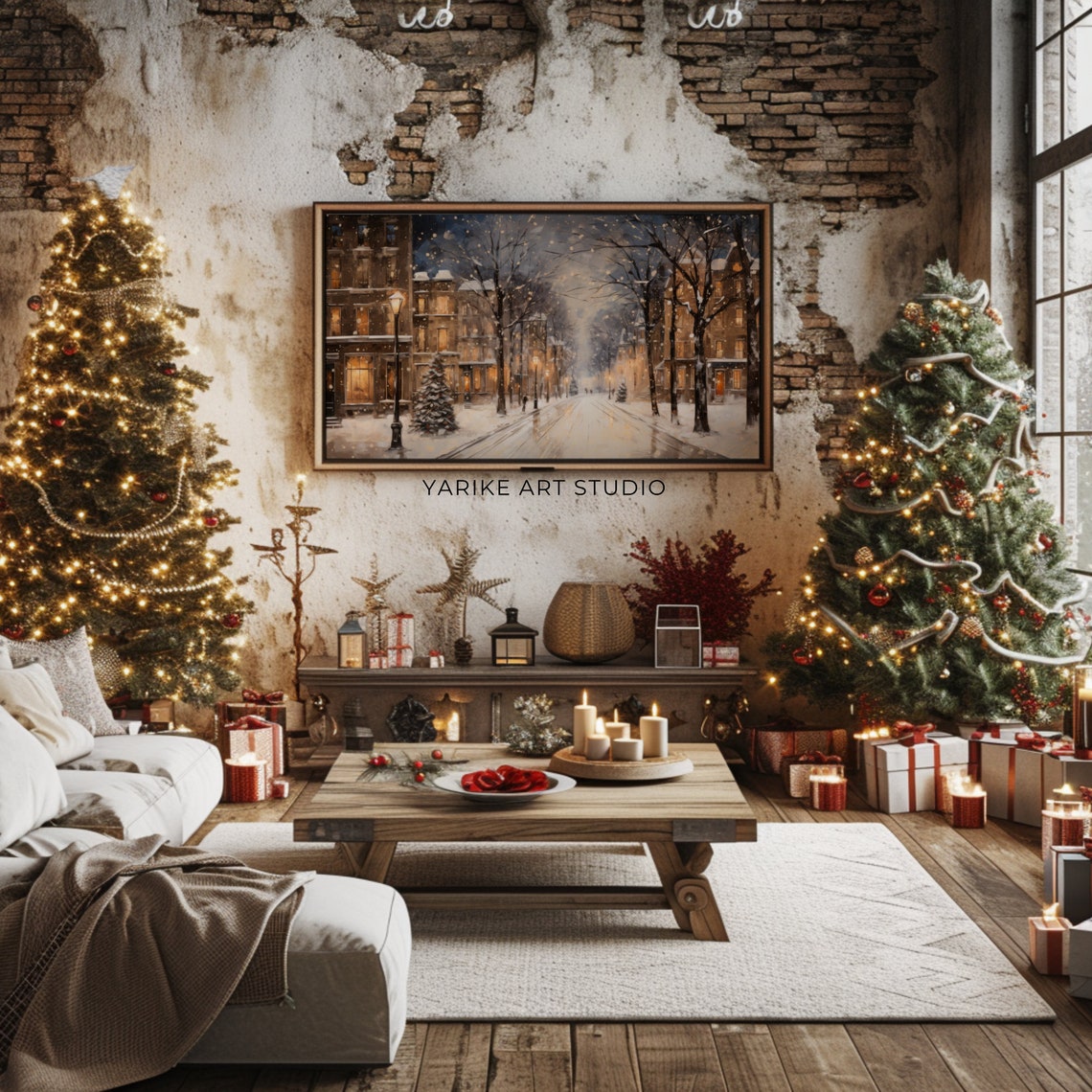 Vintage Winter Town Night Frame Tv Art Christmas Frame Tv Screensaver Neutral Holiday Winter Village Landscape Painting 37 Tv - Image 2