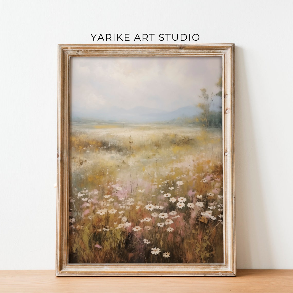 Wildflower Meadow With White Daisies Misty Mountain View Poster