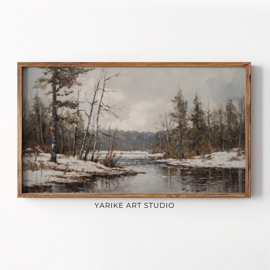 Winter Lake Vintage Moody Landscape Snowy River Neutral Poster
