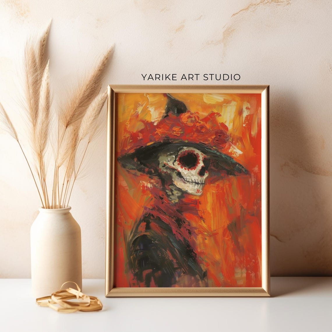 Day of the Dead Skeleton Lady Flower Hat Orange Painting Poster - Image 5