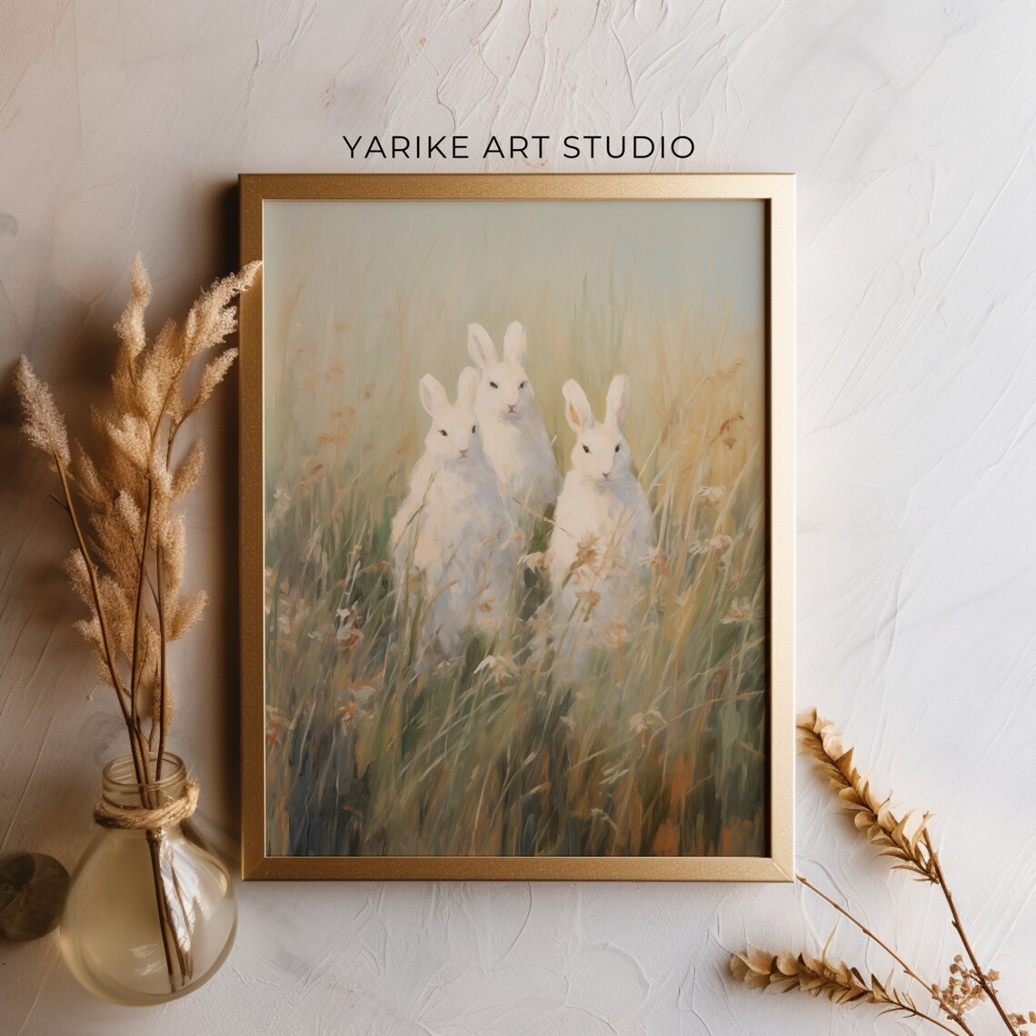 Three White Bunnies in Golden Meadow Grass Wildlife Art Poster - Image 3