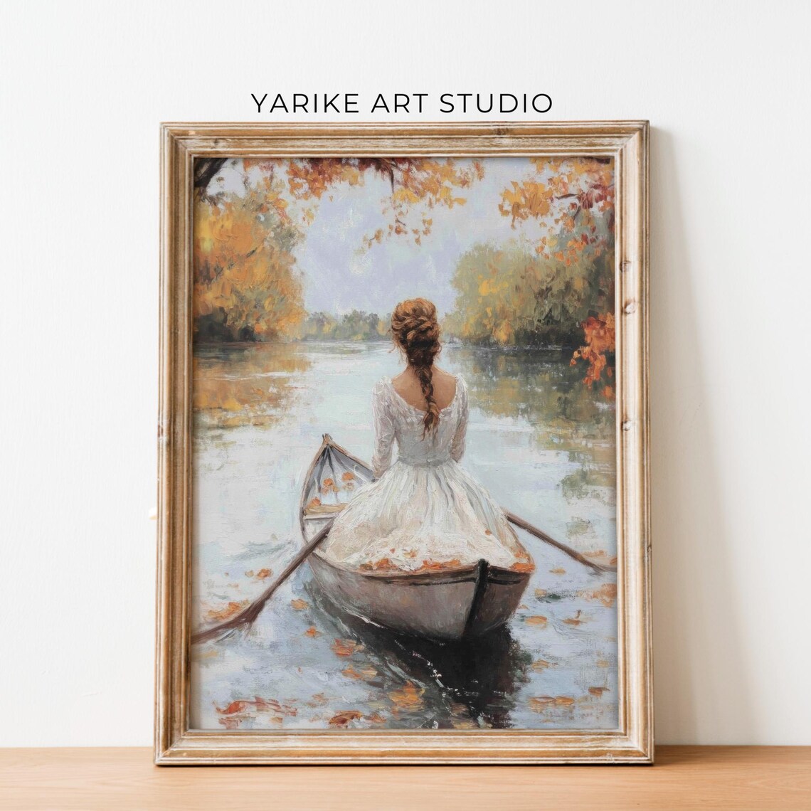 Woman in White Dress Rowing a Boat on Autumn River Romantic Oil Poster - Image 2