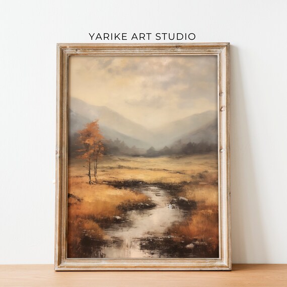 Autumn River Golden Field Lone Orange Tree Fall Scenery Poster