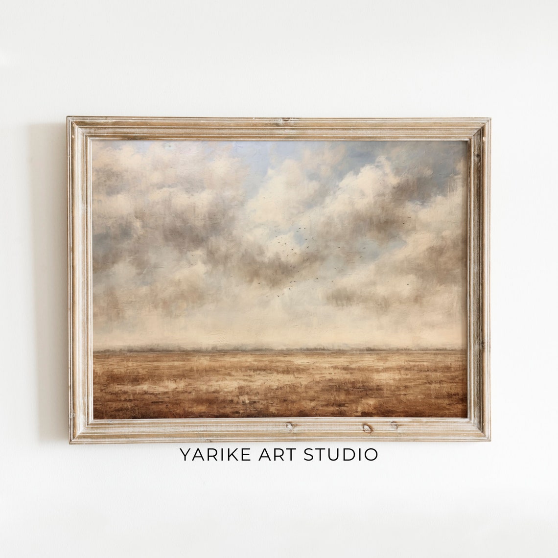 Moody Golden Field Under Dramatic Cloudy Sky with Distant Birds Poster