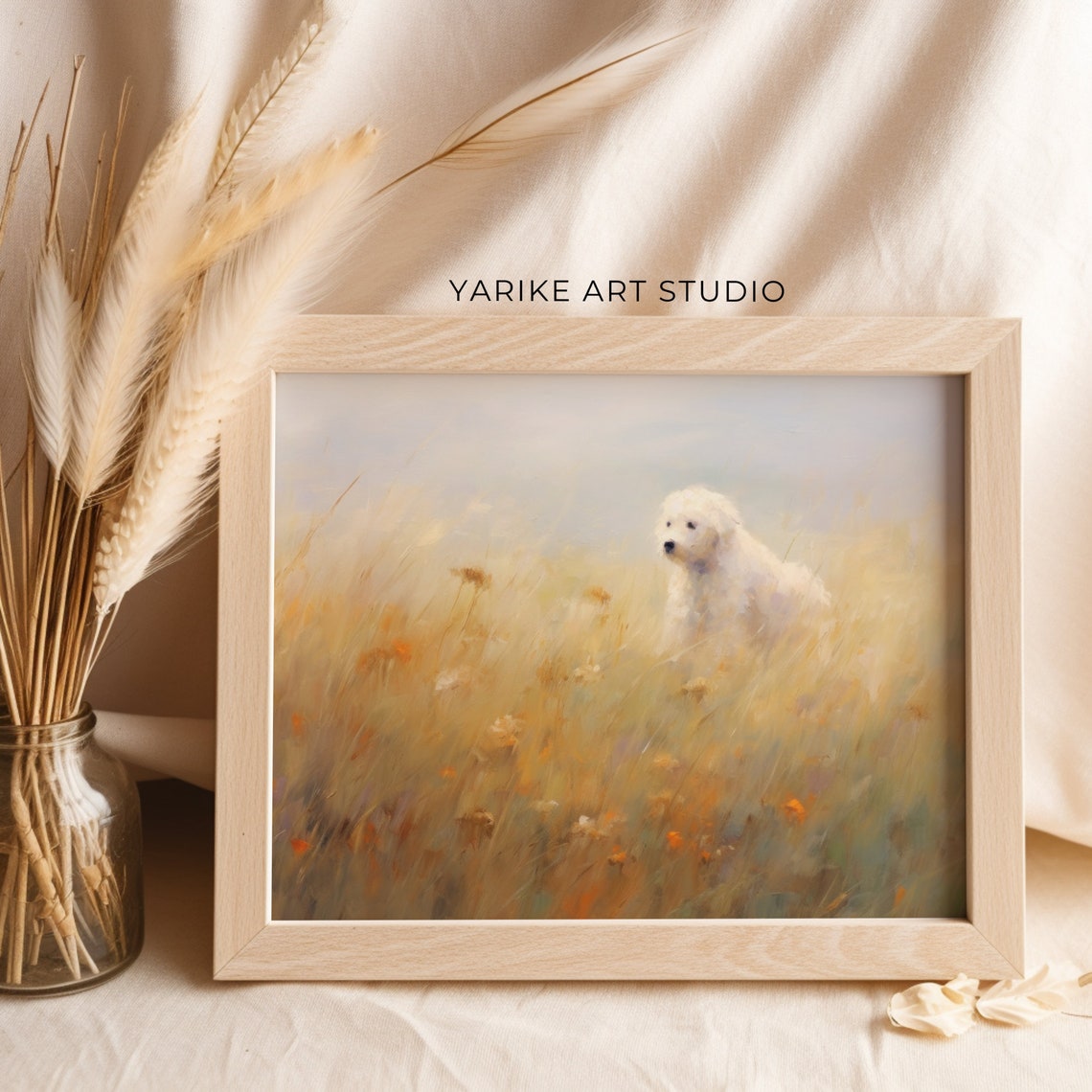 Vintage Wildflower Dog Painting Serene Field Landscape Canine Pet In Nature Meadow Painting Vintage Dog Art 464 - Image 2