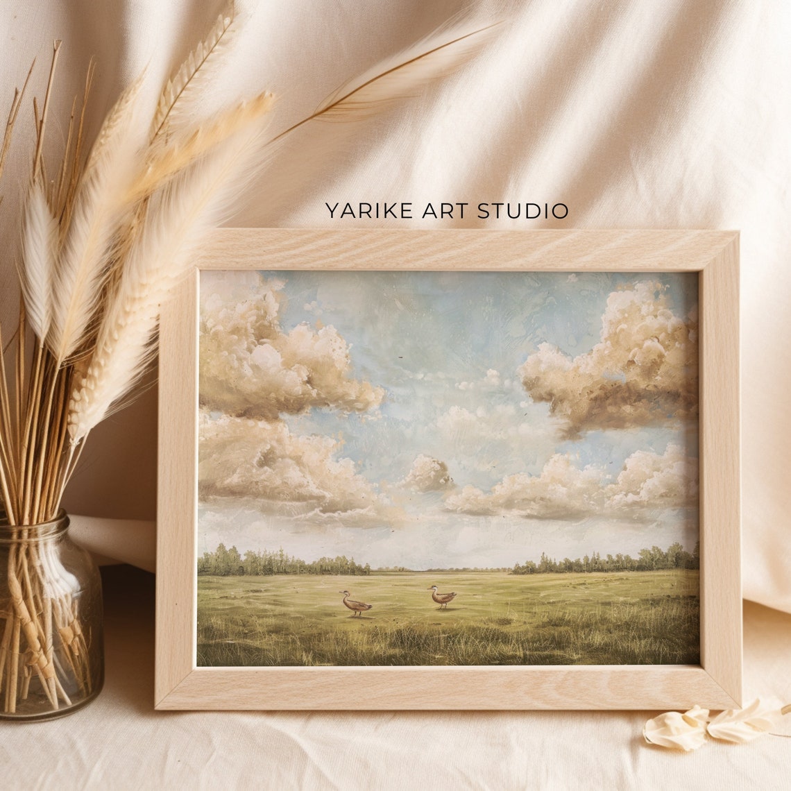 Ducks in Green Meadow Dramatic Cloudy Sky Country Landscape Poster - Image 2