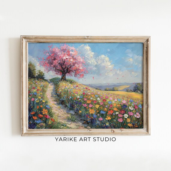 Wildflower Meadow Path With Pink Blossom Tree Spring Colorful Poster