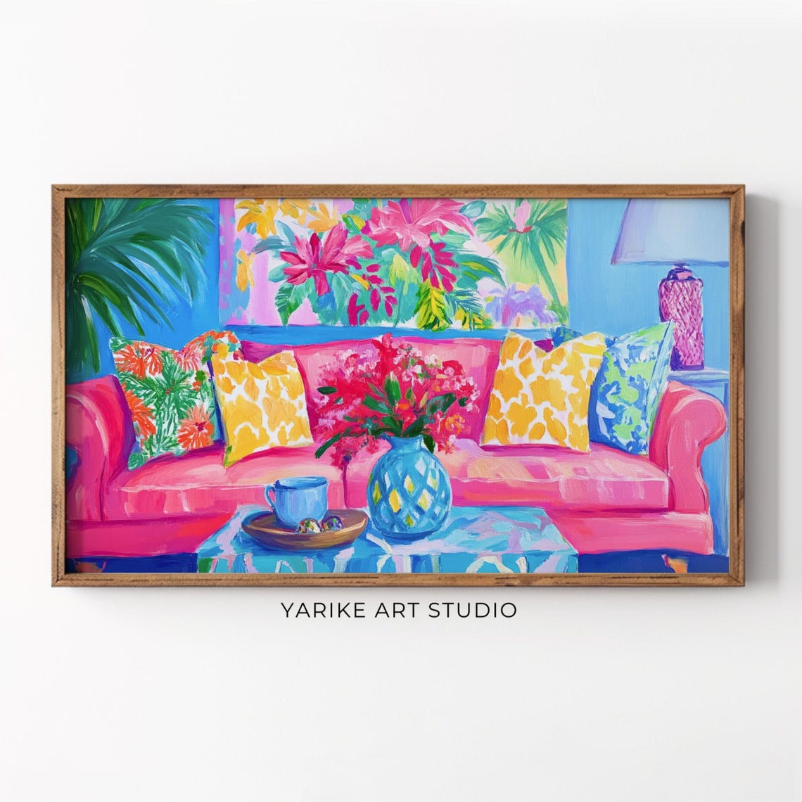 Colorful Pink Sofa Living Room Tropical Maximalist Interior Poster