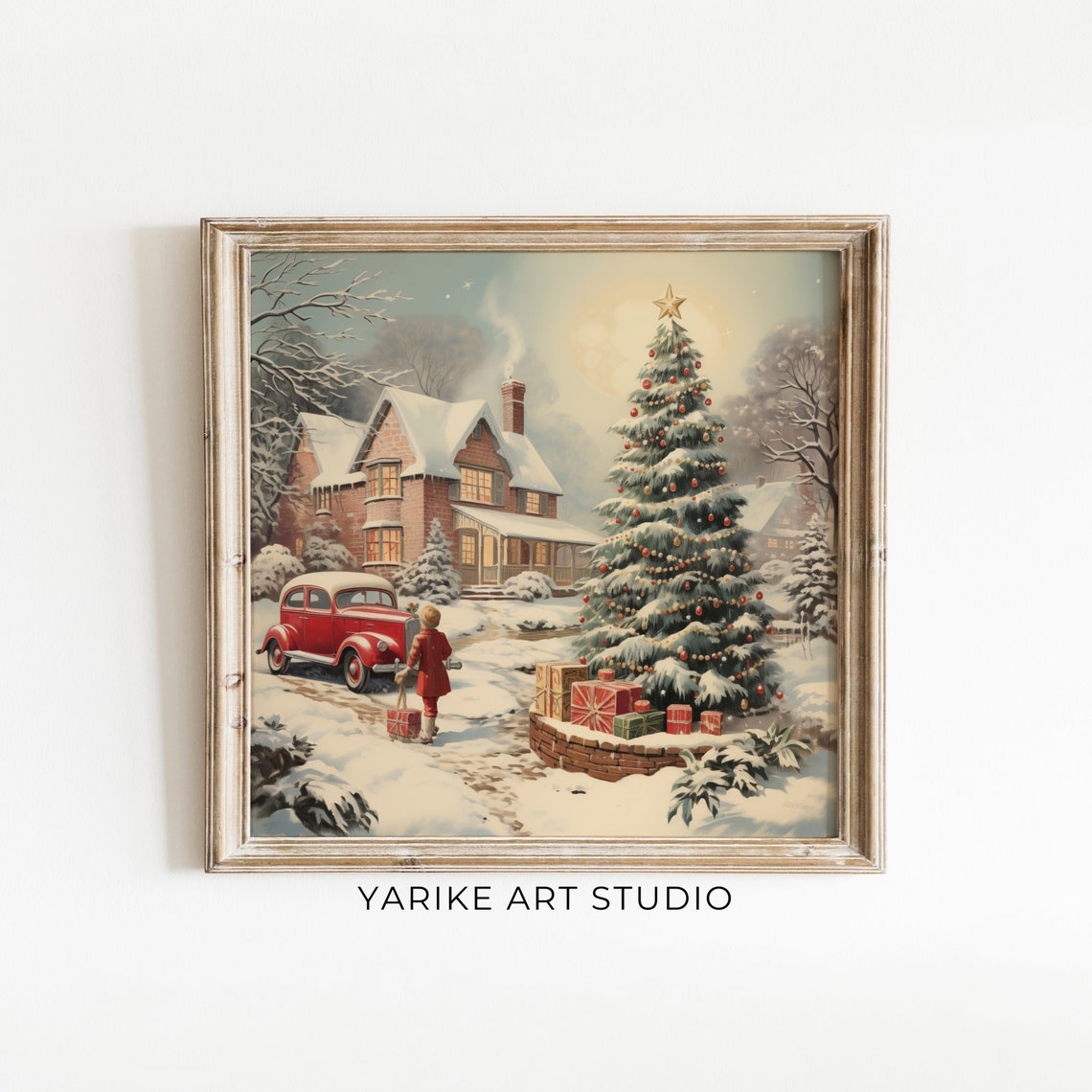 Vintage Christmas Village Snowy House Holiday Tree Scene Poster