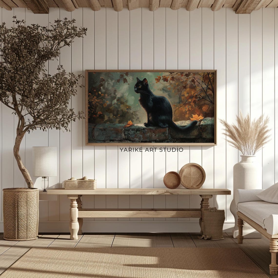 Black Cat Sitting on Stone Wall Fall Leaves Moody Cat Art Poster - Image 2