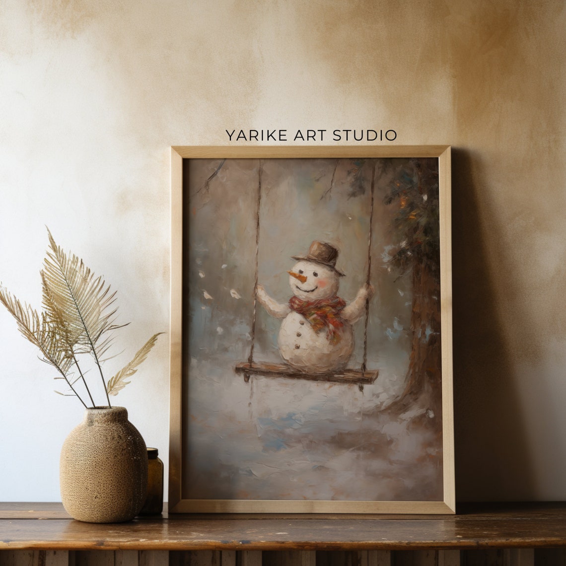 Cheerful Snowman on a Swing Winter Wonderland Painting Poster - Image 3