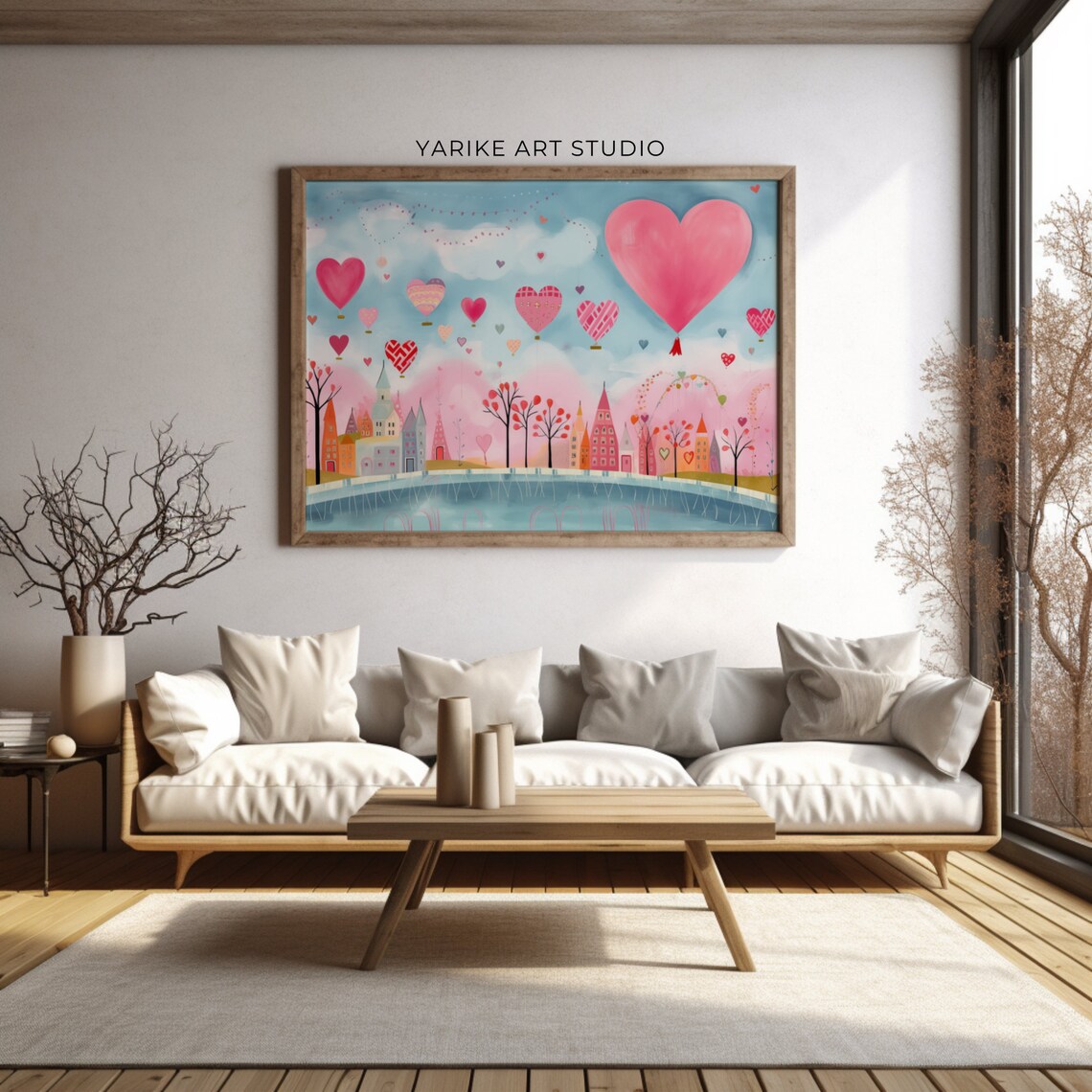 Pastel City With Heart Hot Air Balloons Valentine Folk Poster - Image 4