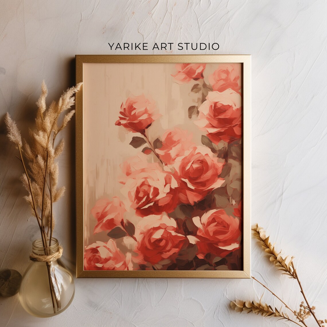 Lush Red and Pink Roses Bouquet Oil Painting Romantic Floral Poster - Image 3
