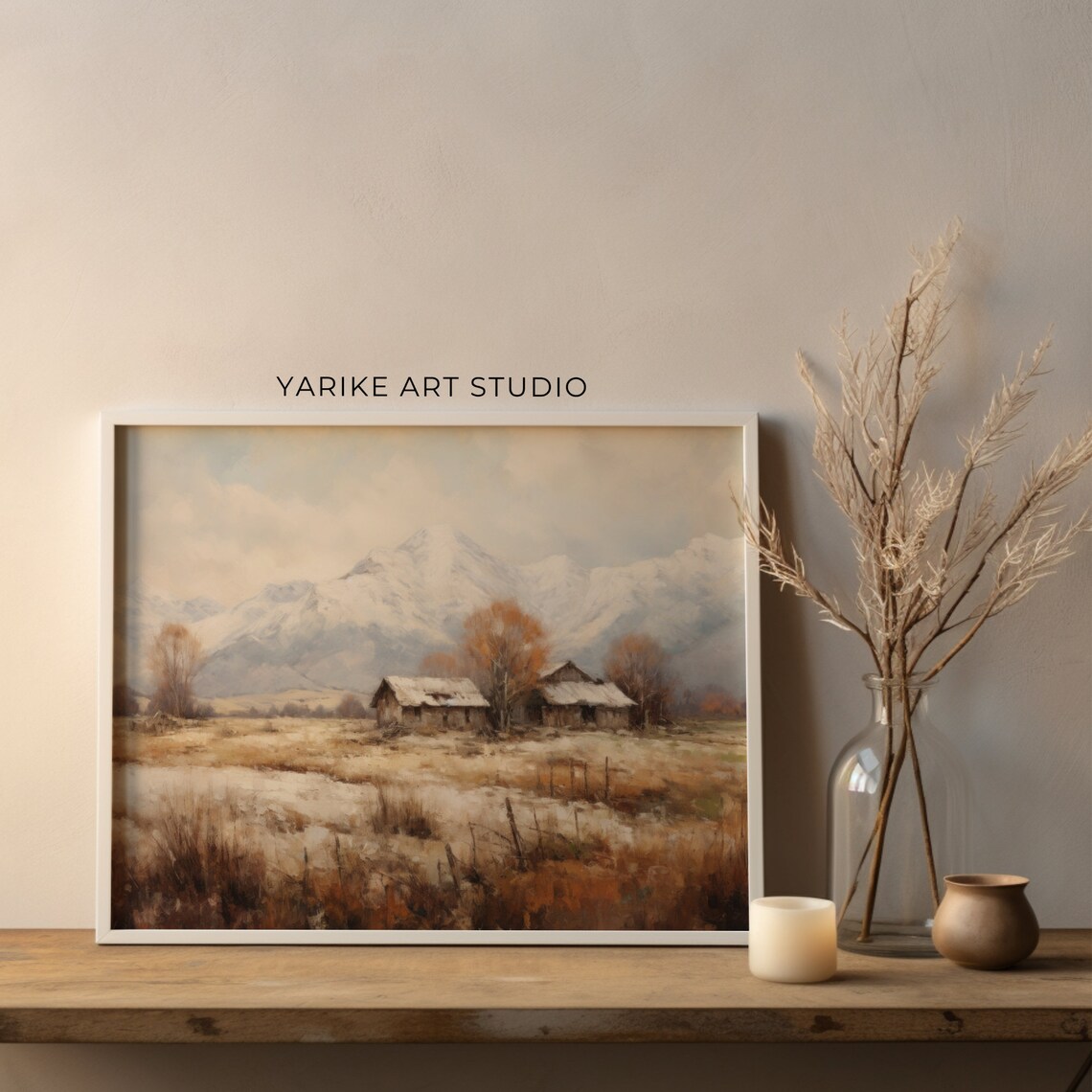Vintage Winter Cabin Snowy Mountain Landscape Rustic Oil Painting Poster - Image 3