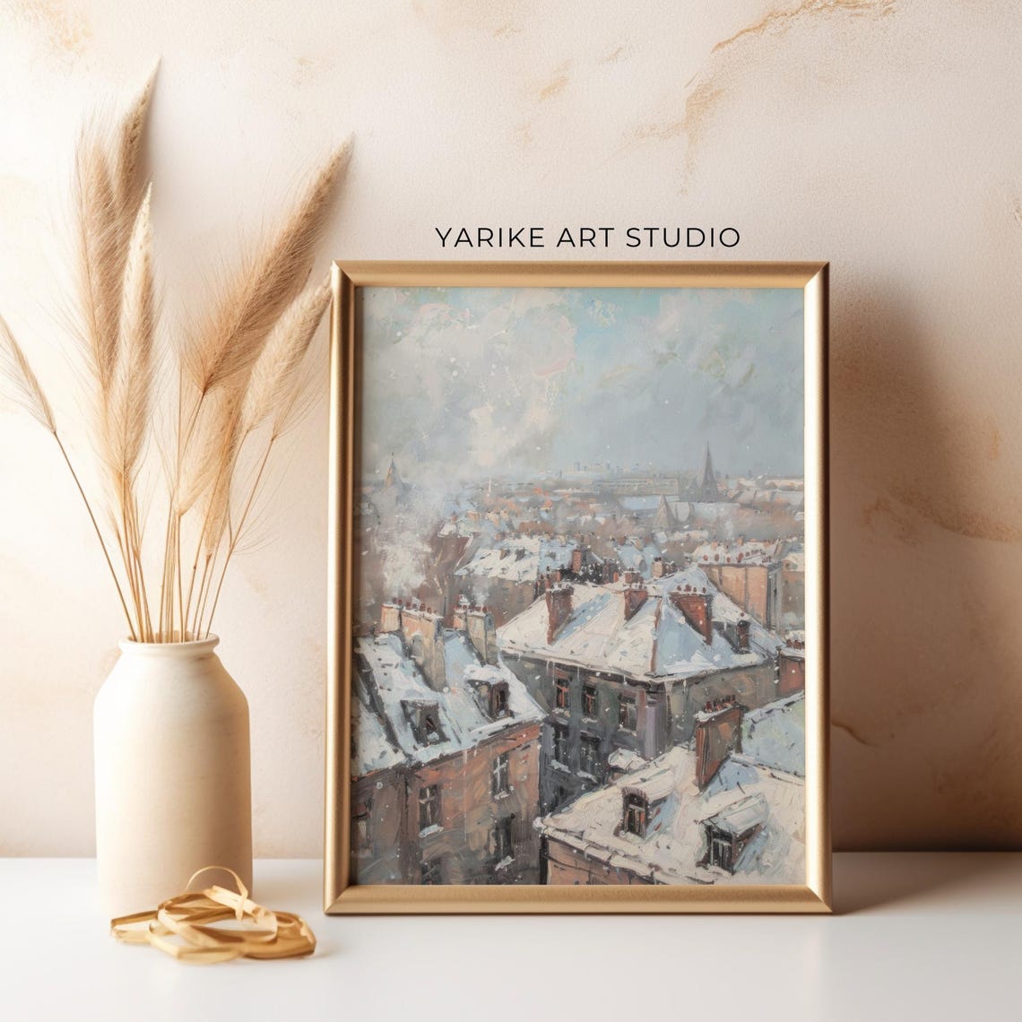 Snow Covered Rooftops European Winter Town Impressionist City Poster - Image 2