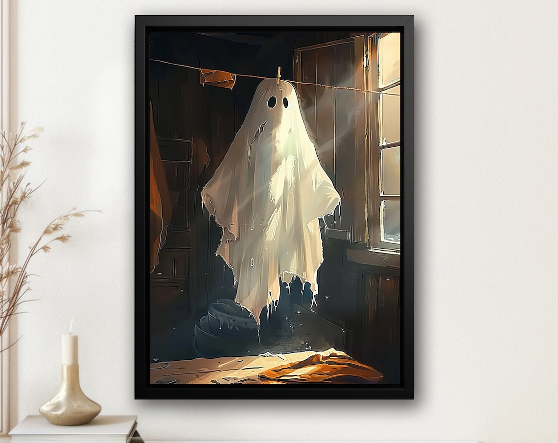 Ghost on Clothesline Sunlit Cabin Warm Vintage Halloween Wall Poster