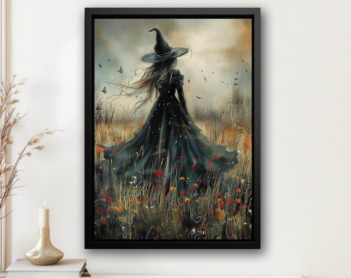 Cottage Witch in Flower Field, Halloween Poster Print