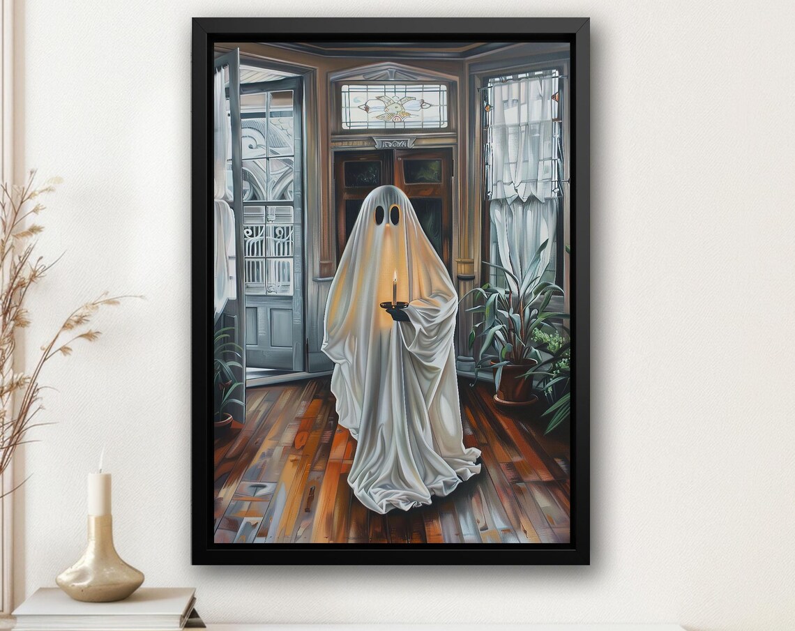 Ghost Holding Candle in Sunlit Victorian Room Stained Glass Poster