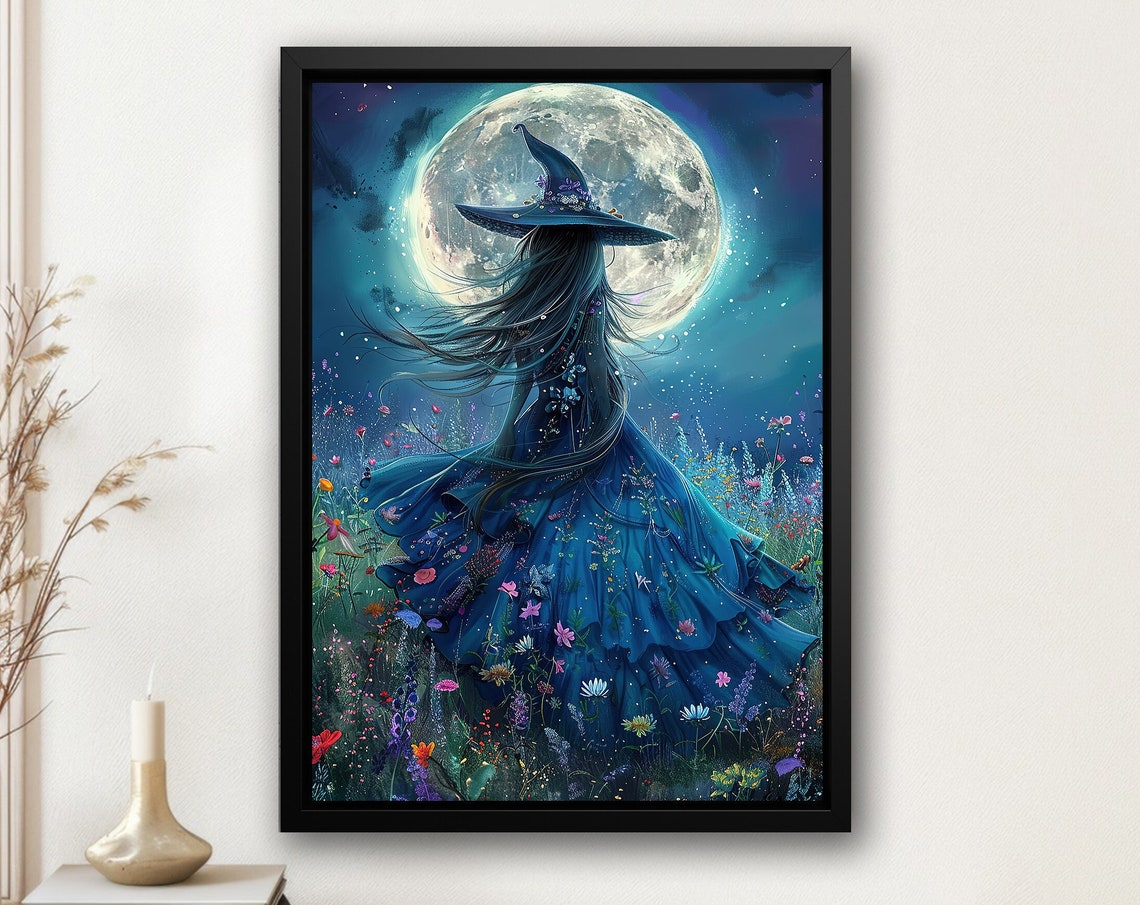 Young Witch Under Full Moon In Flower Meadow Blue Magic Art Poster