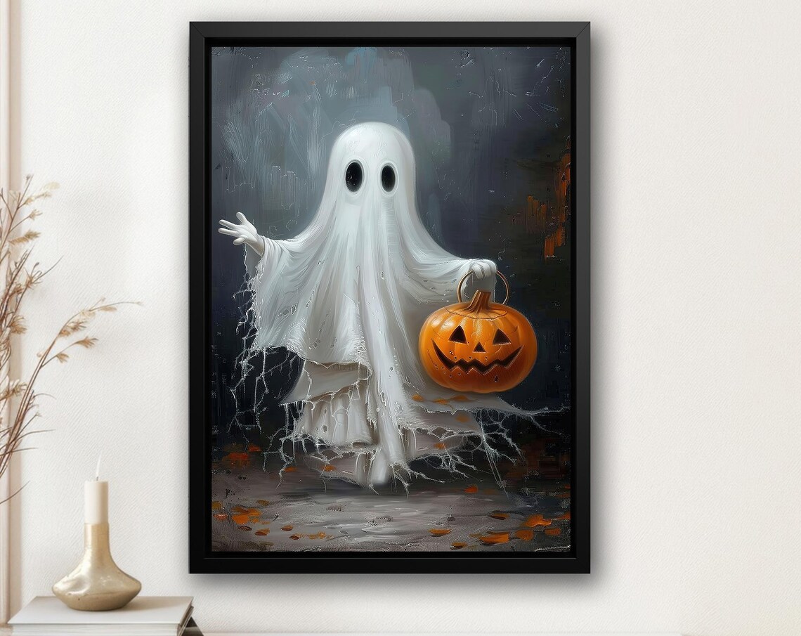 Playful Ghost Holding Jack O Lantern Pumpkin Waving Painterly Halloween Poster