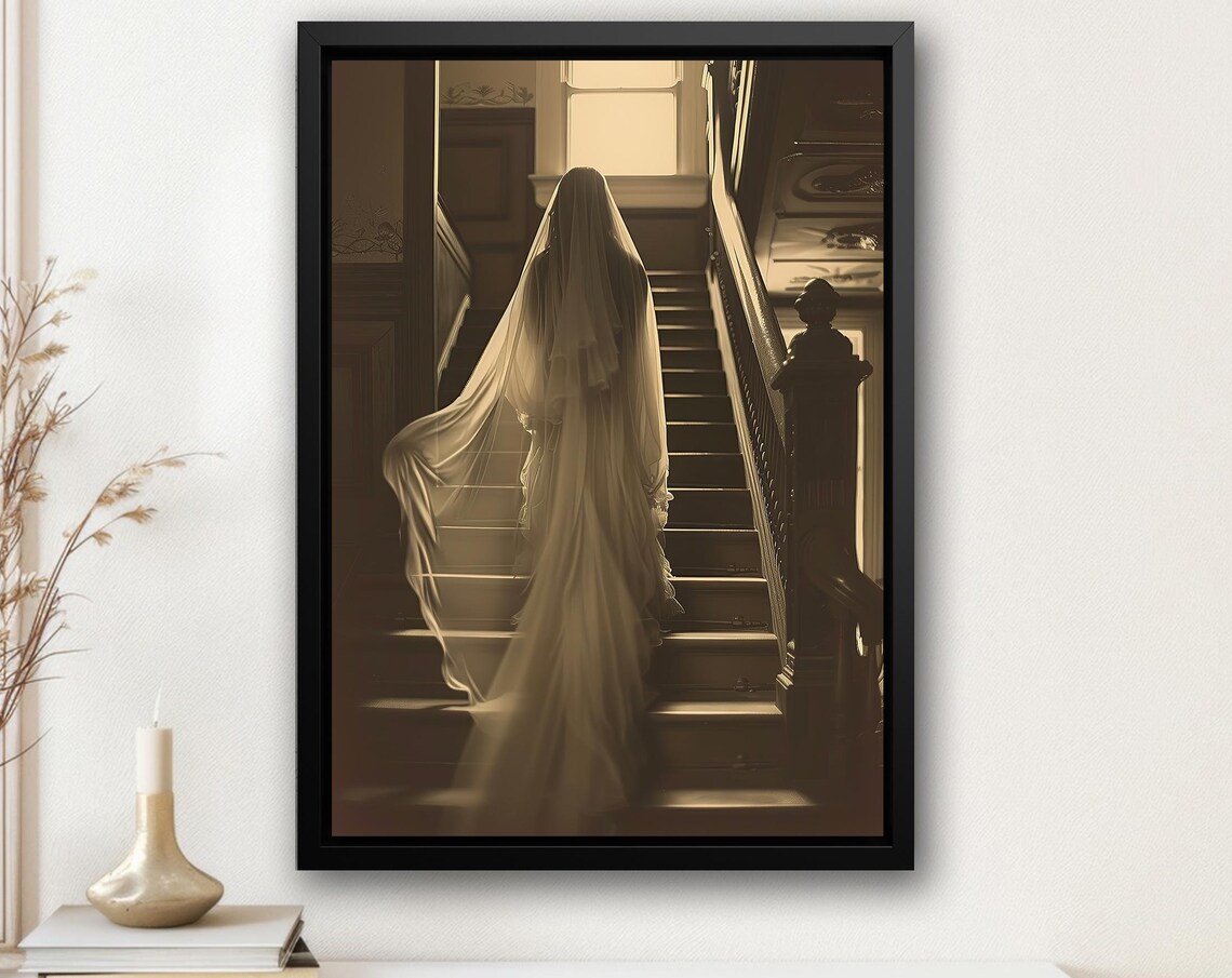 Ghost Bride Ascending Grand Wooden Staircase Sepia Vintage Haunted Poster