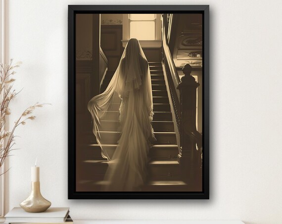 Ghost Bride Ascending Grand Wooden Staircase Sepia Vintage Haunted Poster