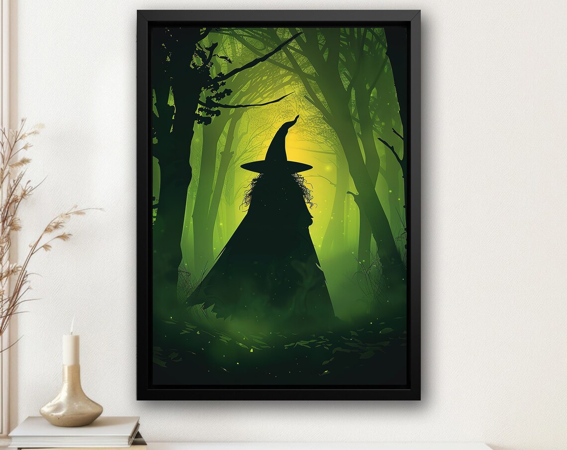 Witch Silhouette In Green Misty Forest Glowing Magical Art Poster