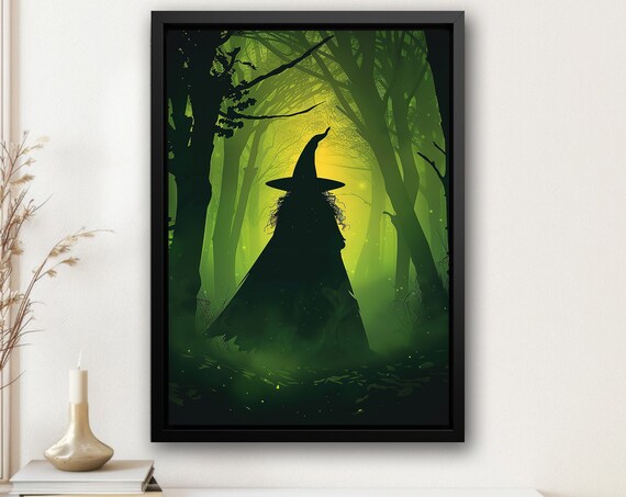 Witch Silhouette In Green Misty Forest Glowing Magical Art Poster