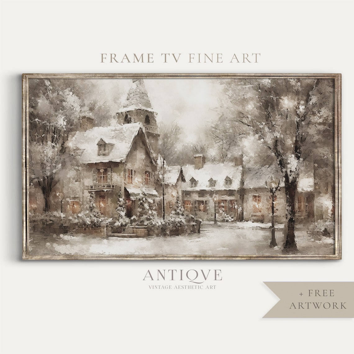 Snowy Christmas Village with Church Vintage Holiday Painting Print