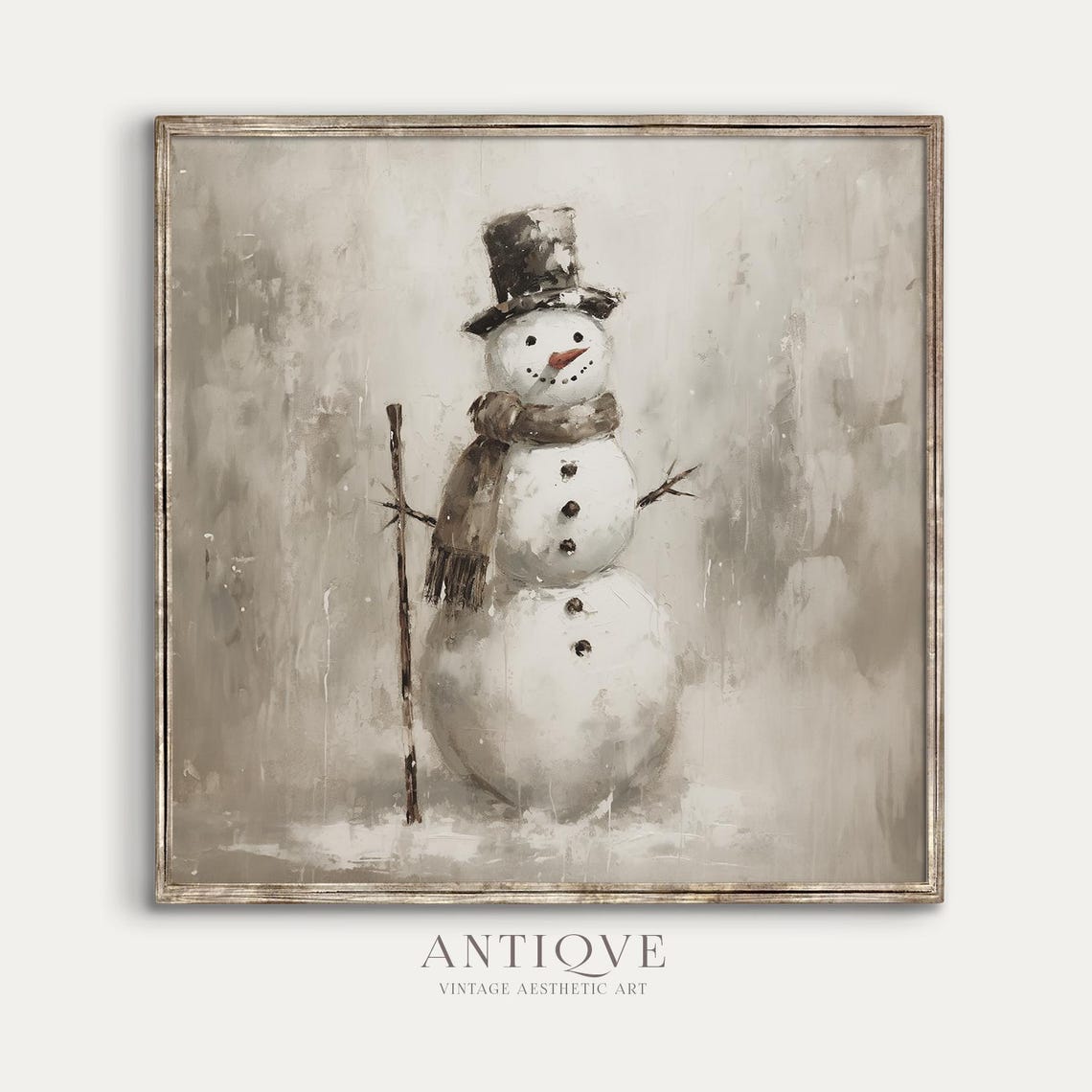 Cheerful Snowman with Top Hat Scarf Rustic Winter Painting Wall Art