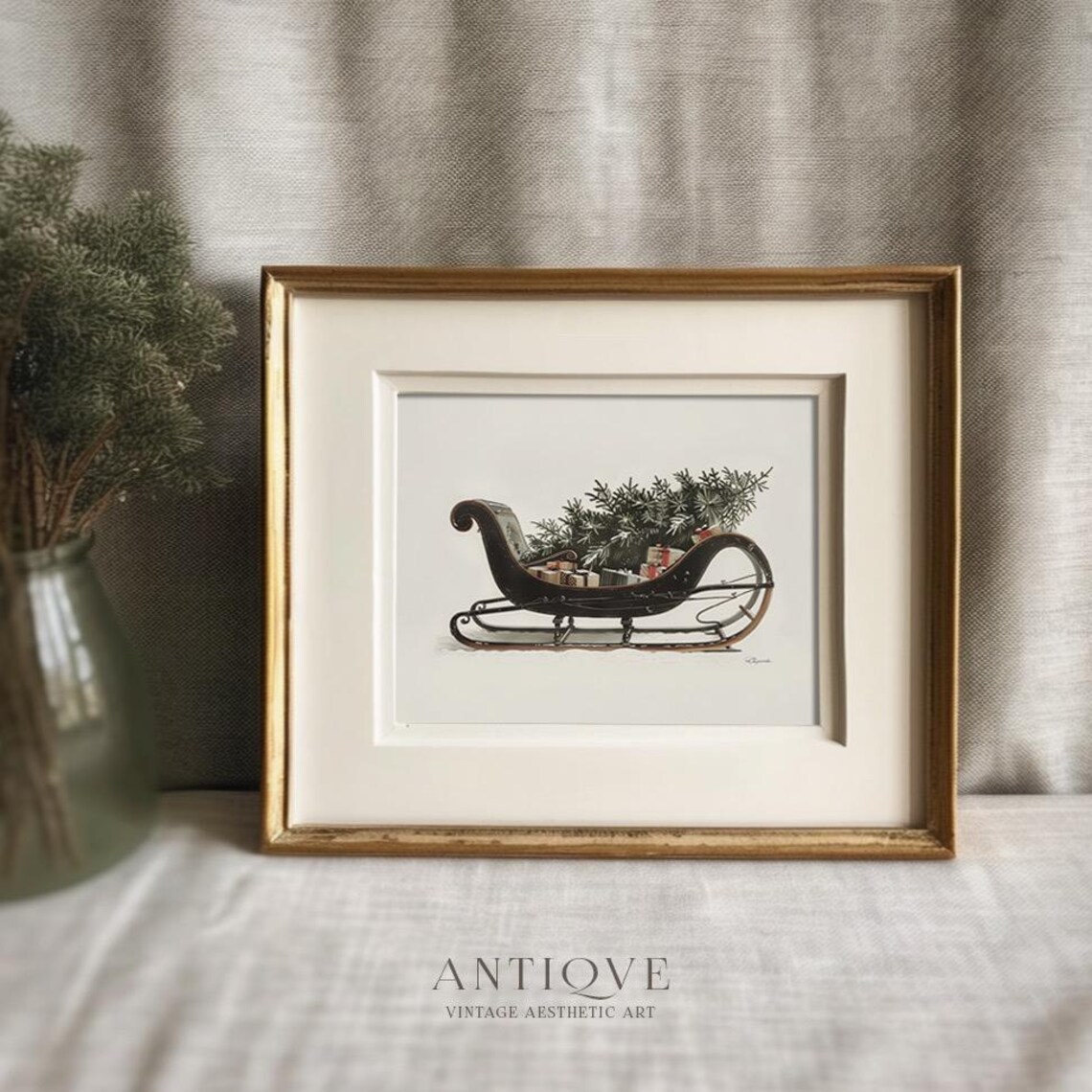 Vintage Sleigh With Christmas Tree Art Print - Image 4
