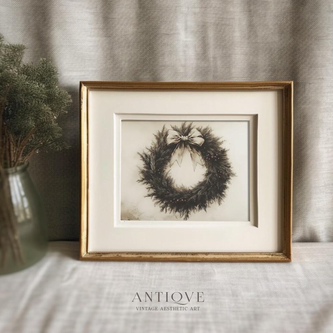 Christmas Wreath With Bow Sketch, Rustic Holiday Art - Image 2
