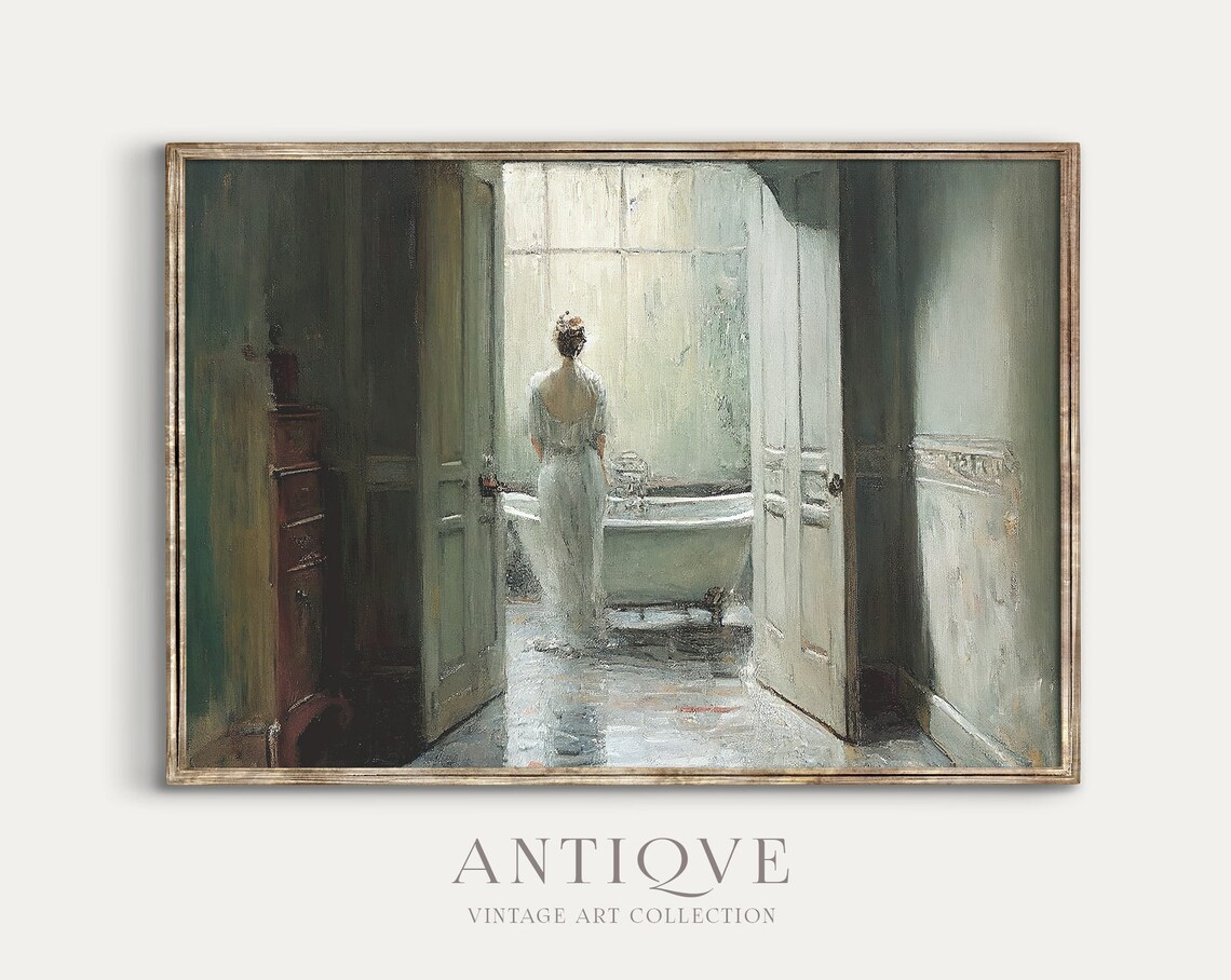 Antique Bathroom Woman Painting, Blue Portrait Art Print - Image 2