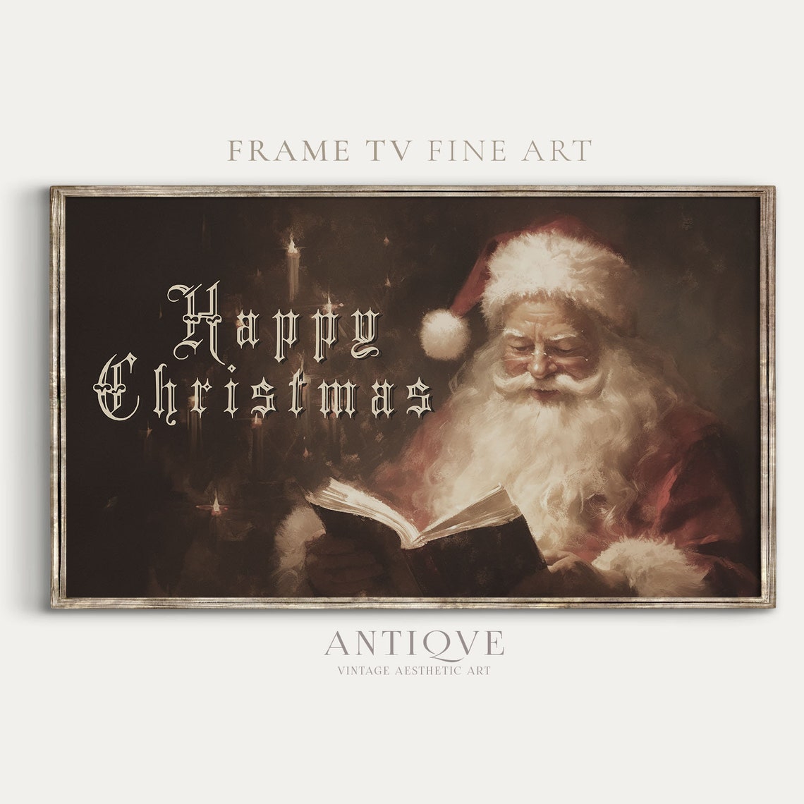 Happy Christmas Vintage Santa Reading Book Candlelight Art Poster - Image 3