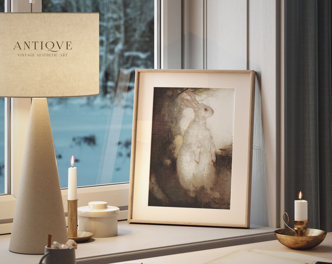White Rabbit Dark Moody Vintage Oil Painting Style Art Print - Image 4