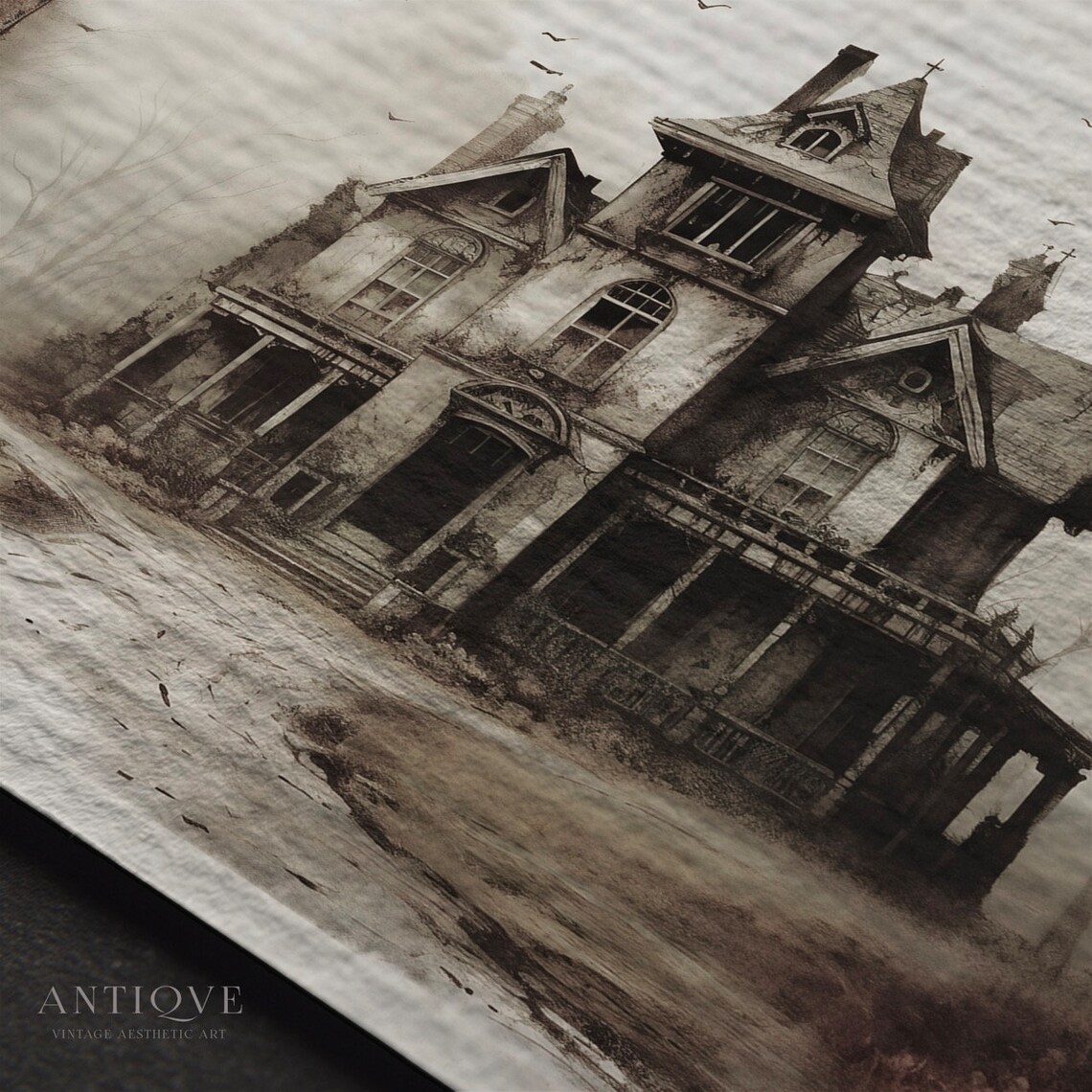 Haunted House Illustration Art Print, Neutral Halloween - Image 3