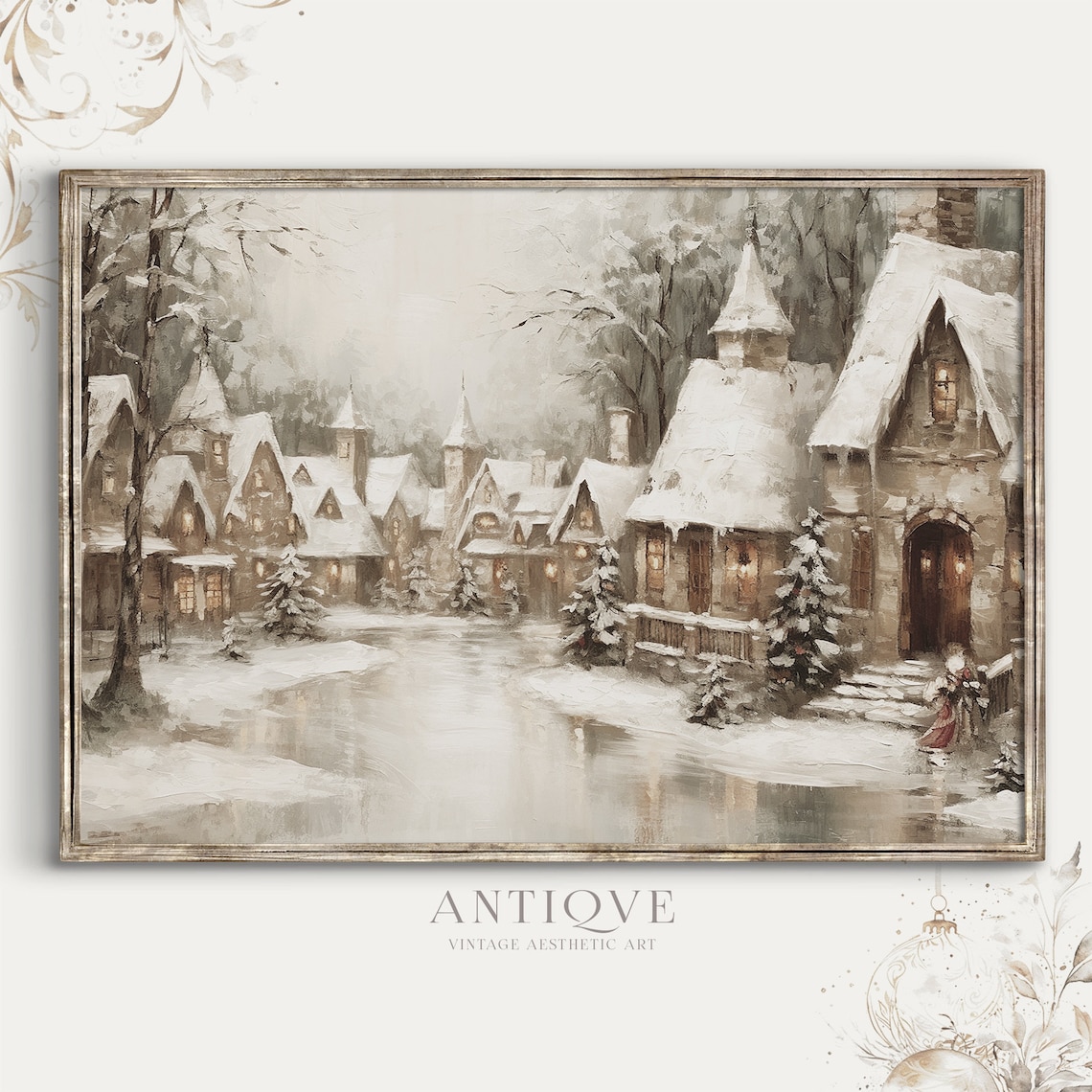 Christmas Village Street, Rustic Farmhouse Art Print