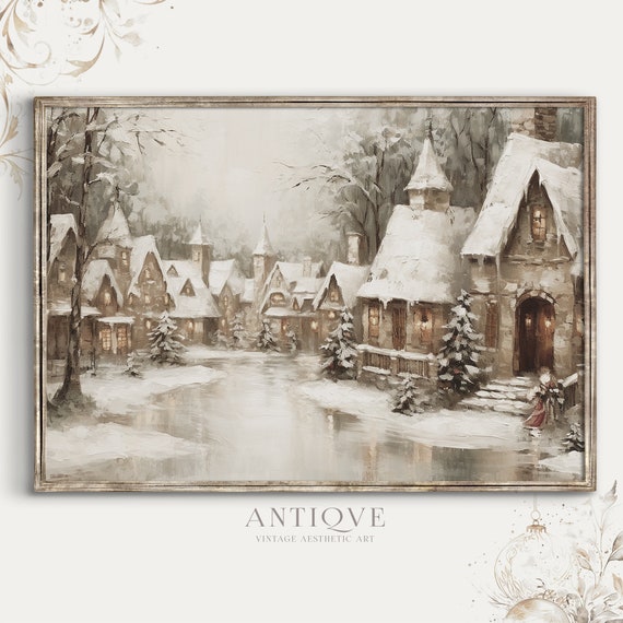 Christmas Village Street, Rustic Farmhouse Art Print