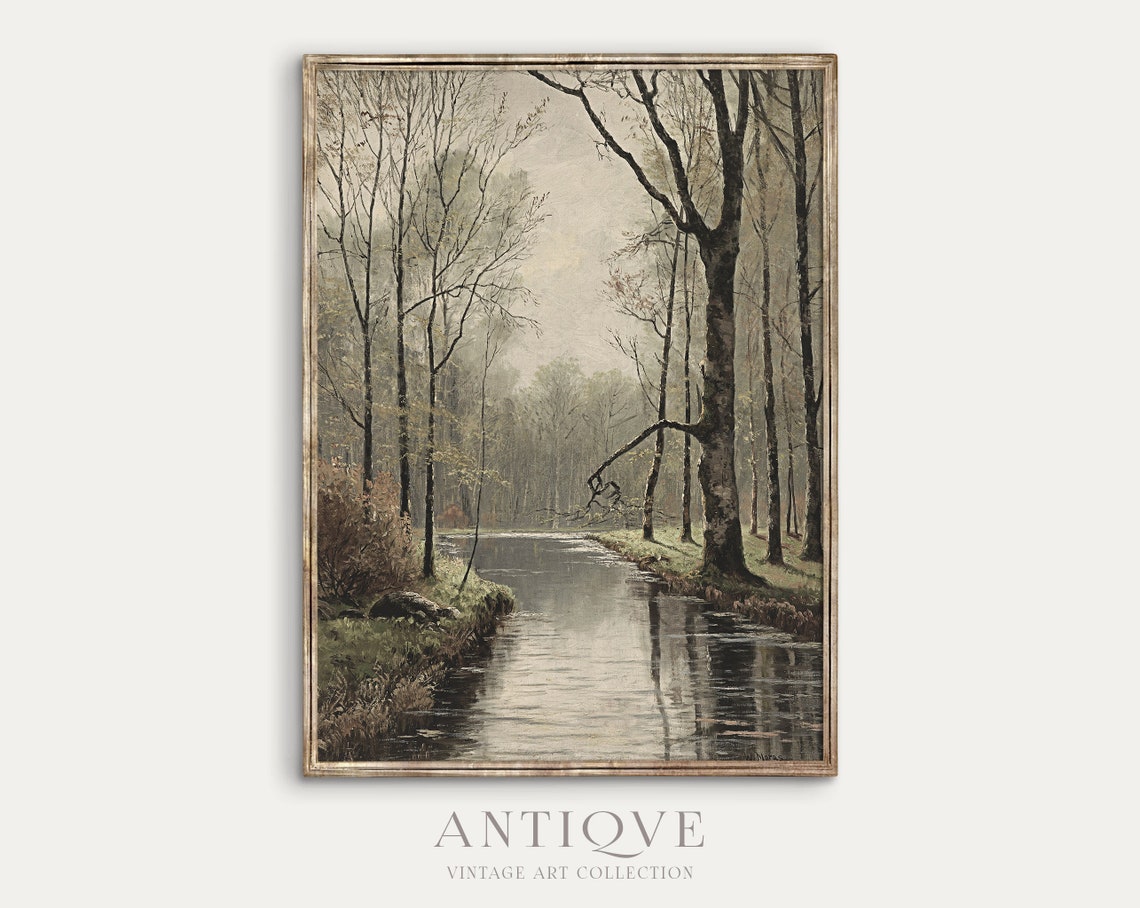 Misty River Through Bare Trees Vintage Woodland Oil Painting Poster