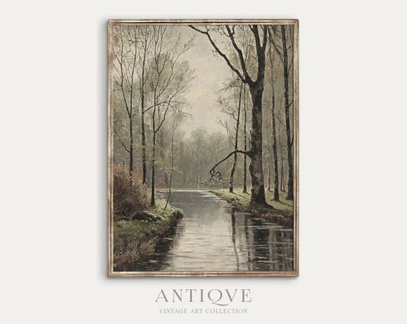 Vintage River Oil Painting Green Nature Wall Art 277